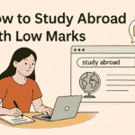 A student researching study abroad options on a laptop with the phrase 'study abroad with low marks' on screen